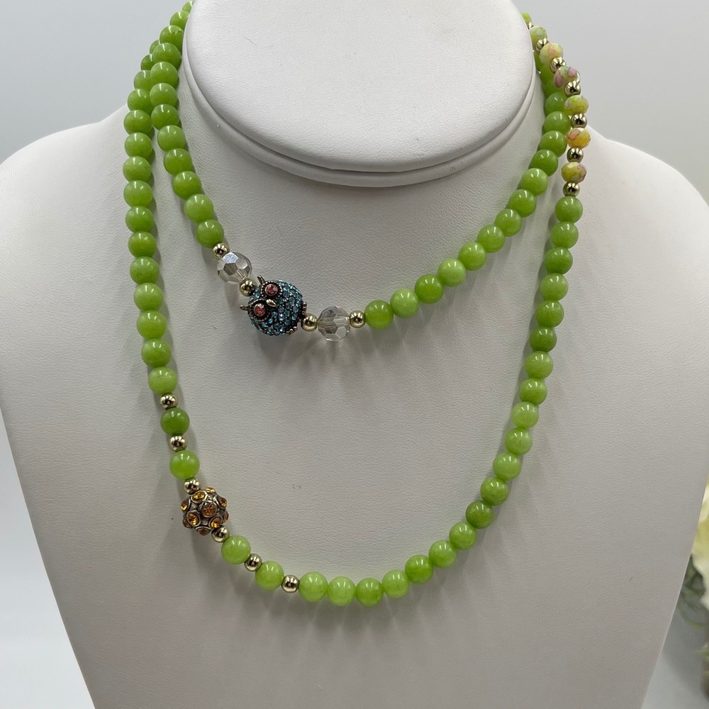 Betsey Johnson Pave OWL Green‎ Beaded Rhinestones Elastic Stretch Necklace